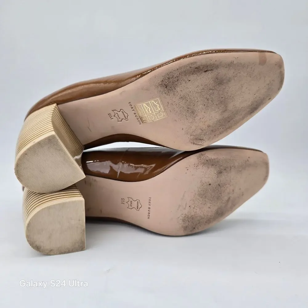 Tory Burch Banana Heel Pump Brown Caramel Patent Leather Curved Heel Women's 9M